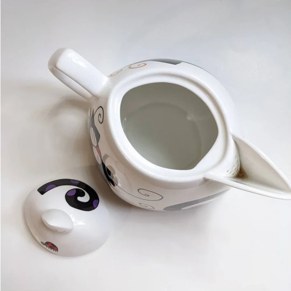 Vintage 90's Y2K Cat Teapot, Bone China with Art Deco Black & White‎ Cat Design